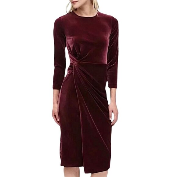 BANANA REPUBLIC Long Sleeve Stretch Velvet Twist Midi Dress in Wine Burgundy - Picture 1 of 11